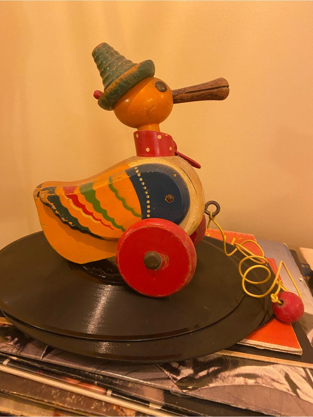 Vintage wickel wack Pull-Along Wooden Duck Toy - Yellow & Red west Germany